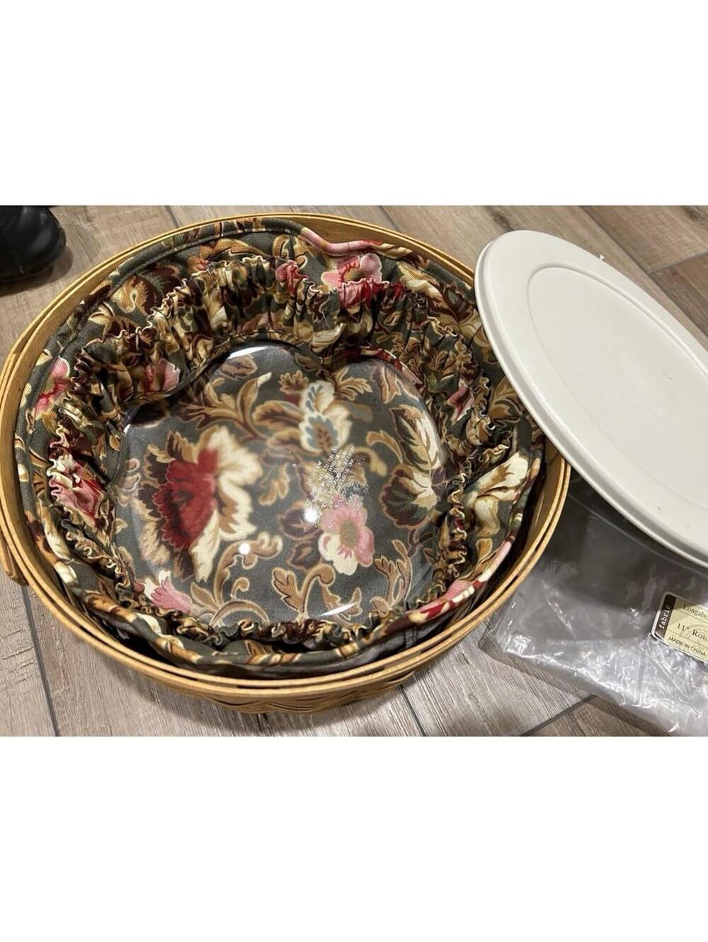 Longaberger Round Keeping Basket 11" Lidded Protector & Majolica Garden Liner